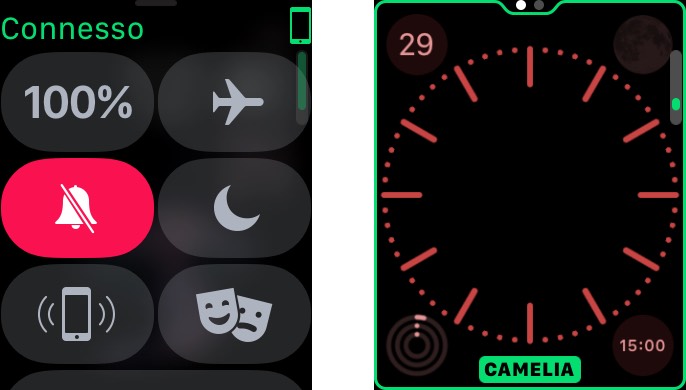 Il Centro di Controllo con il pulsantino della modalità Spettacolo e, a destra, un quadrante color camelia