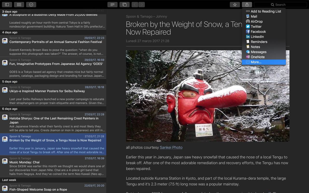 News Explorer in versione "dark" con le sue opzioni di condivisione